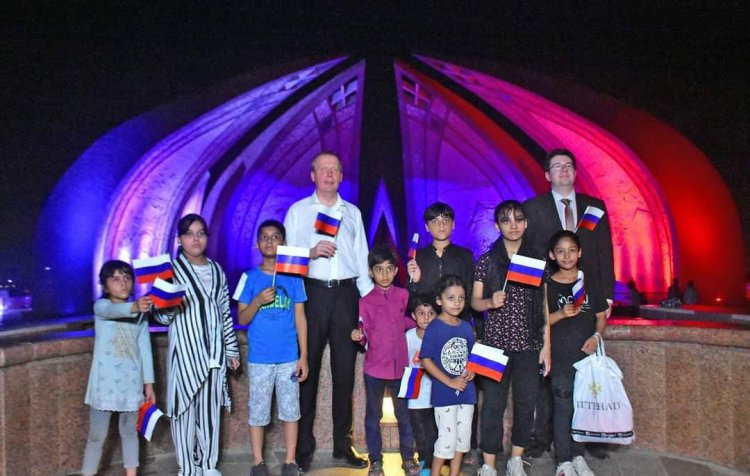 The state of the art Pakistan Monument first time illuminated in the colors of the Russian flag on Russian Flag Day