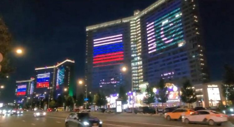 The state of the art Pakistan Monument first time illuminated in the colors of the Russian flag on Russian Flag Day