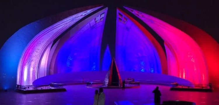 The state of the art Pakistan Monument first time illuminated in the colors of the Russian flag on Russian Flag Day